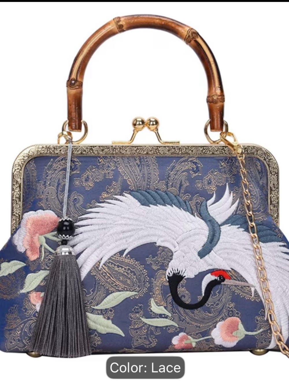 Embroidered Crane Silk Top-Handle Bag with Bamboo Handle - Pale Blue